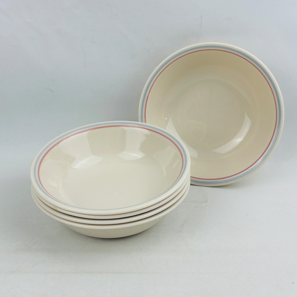 Corelle English Breakfast 5 Dessert Bowl Set Blue‎ Pink Rim Band Fruit Sauce